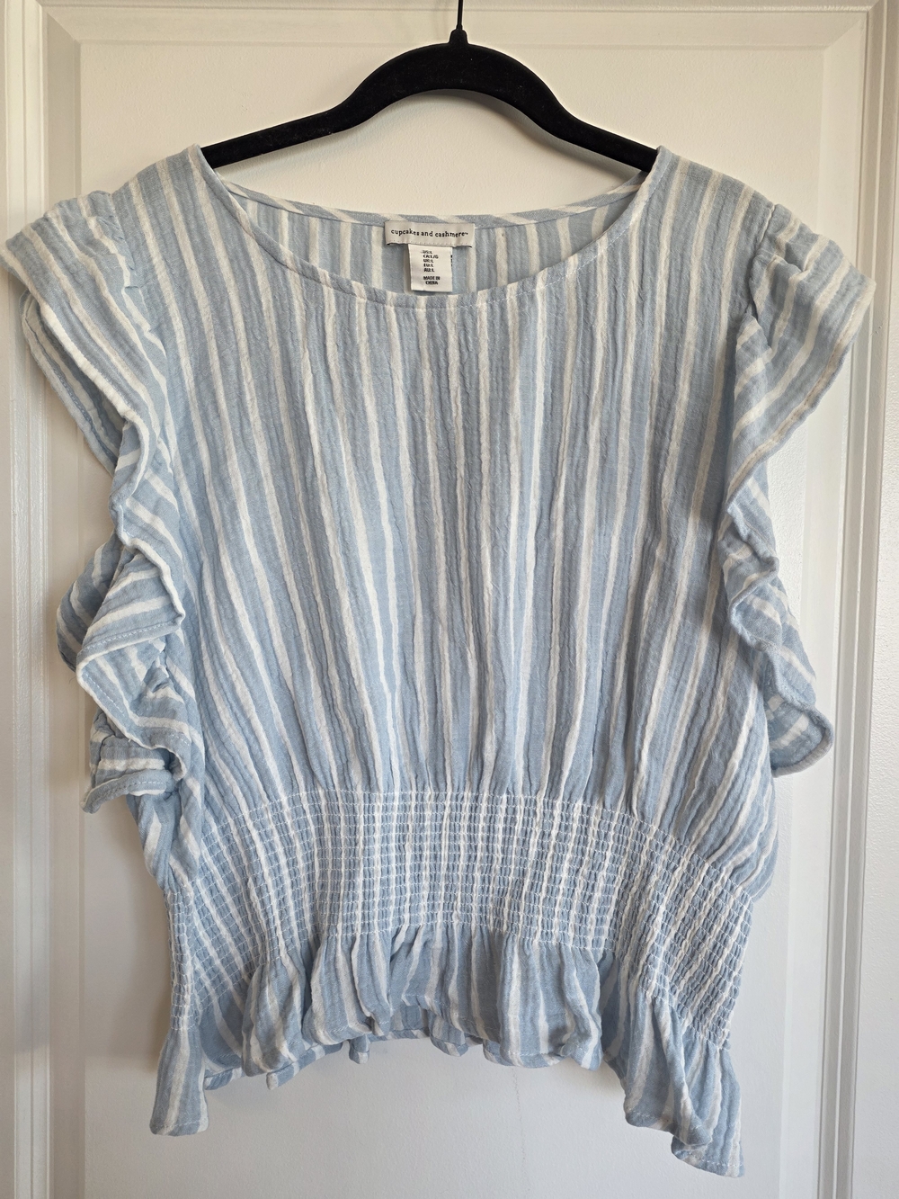 cupcakes & cashmere Light Blue and White Striped Ruffle-Sleeve Blouse